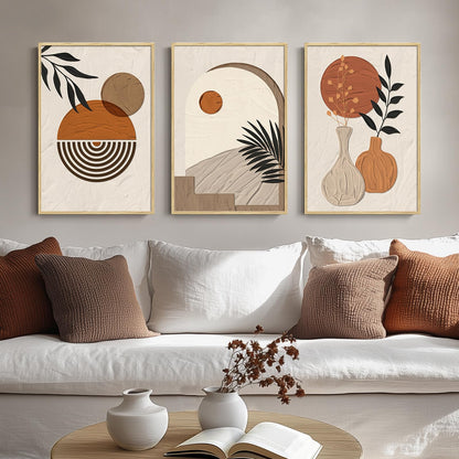 Framed Boho Sage Green Wall Art for Living Room, Large Mid Century Modern Tropical Leaf Canvas Artwork for Walls, 3 Piece Beige Orange Bohemian Wall Art Prints for Bedroom Kitchen Hallway, 16x24 Inch