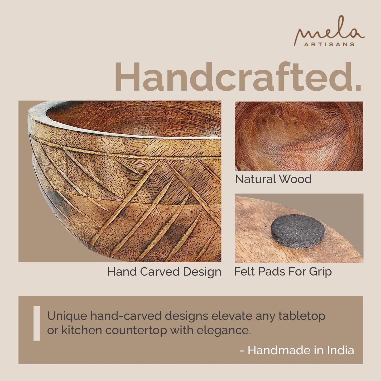 Mela Artisans 9 in Wide x 4 in Tall Mango Wood Bowl with Felt Pads – Hand-Carved Decorative Serving and Fruit Bowl with Light Burnt Finish for Kitchen Counter, Salad, Snacks and Bread