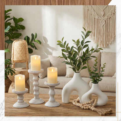LemonRoad Farmhouse Fireplace Home Decor Set of 6 with 3 Pack Rustic Wooden Pillar Candle Holders, 2 Set Modern Vase for Living Room, 58'' Wood Bead Garland Tassels, Tabletop Dinning Buffet Decor