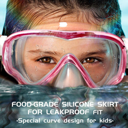 Seago Kids Swimming Mask Swim Diving Scuba Mask Snorkel Gear for Boys Girls Youth, Anti-Fog 180° Panoramic View Soft Silicone Skirt Kids Pool Underwater Swim Goggles with Nose Cover, Snorkel Equipment