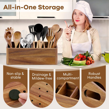 Wooden Kitchen Utensil Holder Countertop, Wooden Cooking Utensil Holder