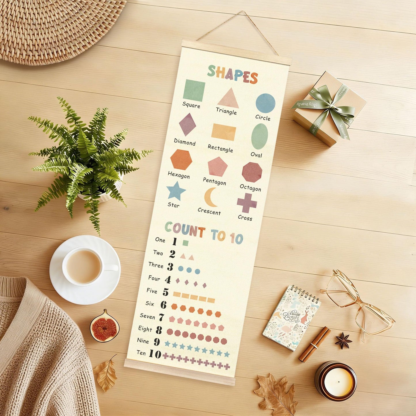 TAEDIN Boho Classroom Wall Art Poster Hanger Frame, Kids Room Wall Art with Wood Frames, Shapes Number 1 to 10 Educational Hanging Decor for Kids Boys Girls Toddler Room Bedroom Playroom, 12x35 Inches