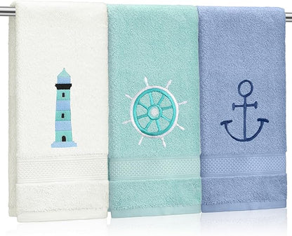 3 Pack Nautical Hand Towels for Bathroom 100% Cotton Embroidered Beach Bathroom