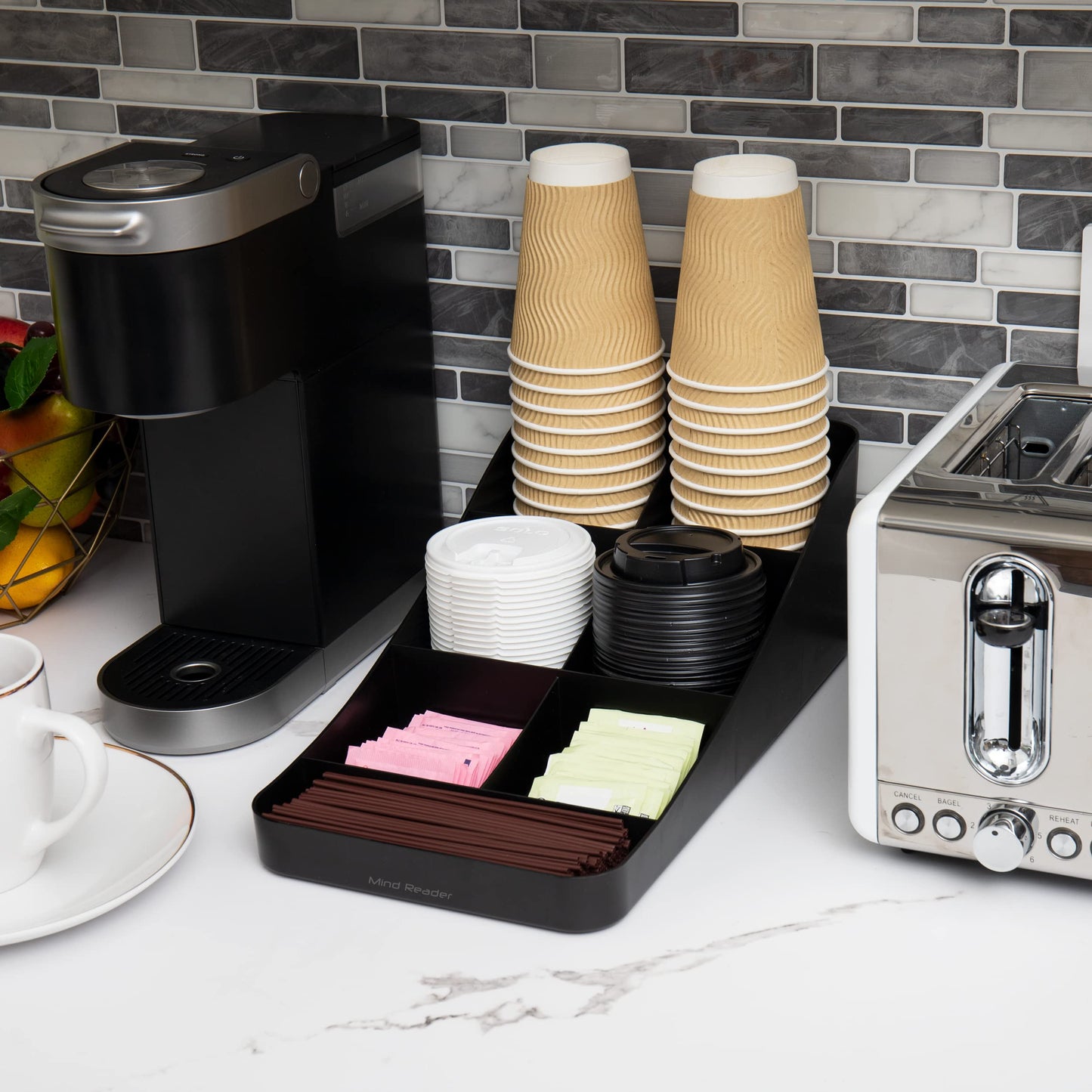 Mind Reader Cup and Condiment Station, Countertop Organizer, Coffee Bar, Kitchen, Stirrers, 7.25"L x 15.5"W x 5.25"H, Black
