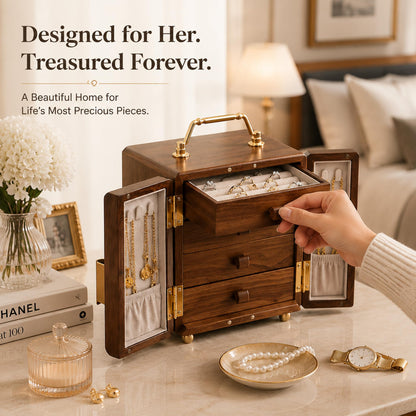 Black Walnut Wood Jewelry Organizer Box, 4-Layer Dustproof Storage ,Jewelry Case for Rings, Earrings & Necklaces – Ideal Gift for Anniversaries, Weddings, Birthdays, Mother’s Day & Valentine’s Day