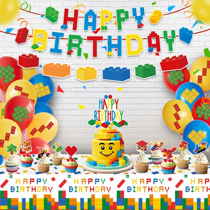 Building Block Birthday Party Decorations Supplies Kit - Balloons Tablecloth Banners Cake Toppers Foil Balloons Tattoo Stickers - Birthday Decorations for Kids Boys Girls Building-Themed Celebration