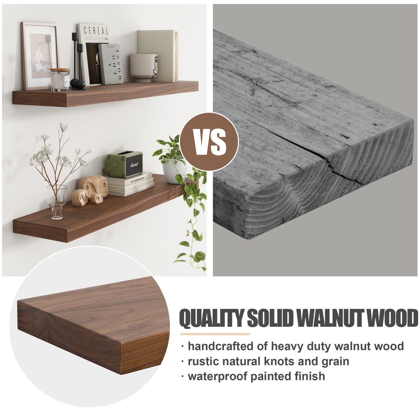 Floating Shelves for Wall, USA-Sourced Walnut Wood 48 Inch Long Wall Shelves, Natural Wooden Wall Mounted Picture Ledge Shelf, Nursery Book Storage Shelf Kids Bookshelf, Display Shelf for Bathroom