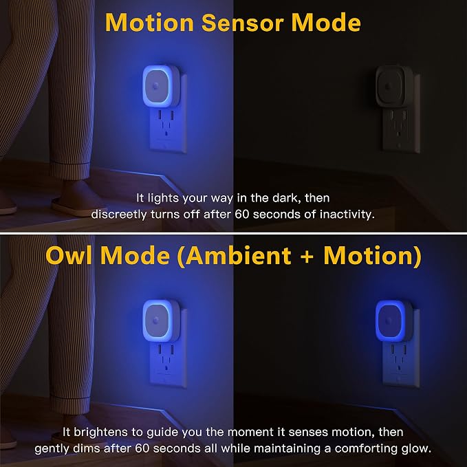 YUNLEX 2 Pack Plug in Night Light with Motion Sensor & Dusk to Dawn Sensor, 3 in 1 Blue Night Lights Plug into Wall, Dimmable Nightlight for Bathroom, Bedroom