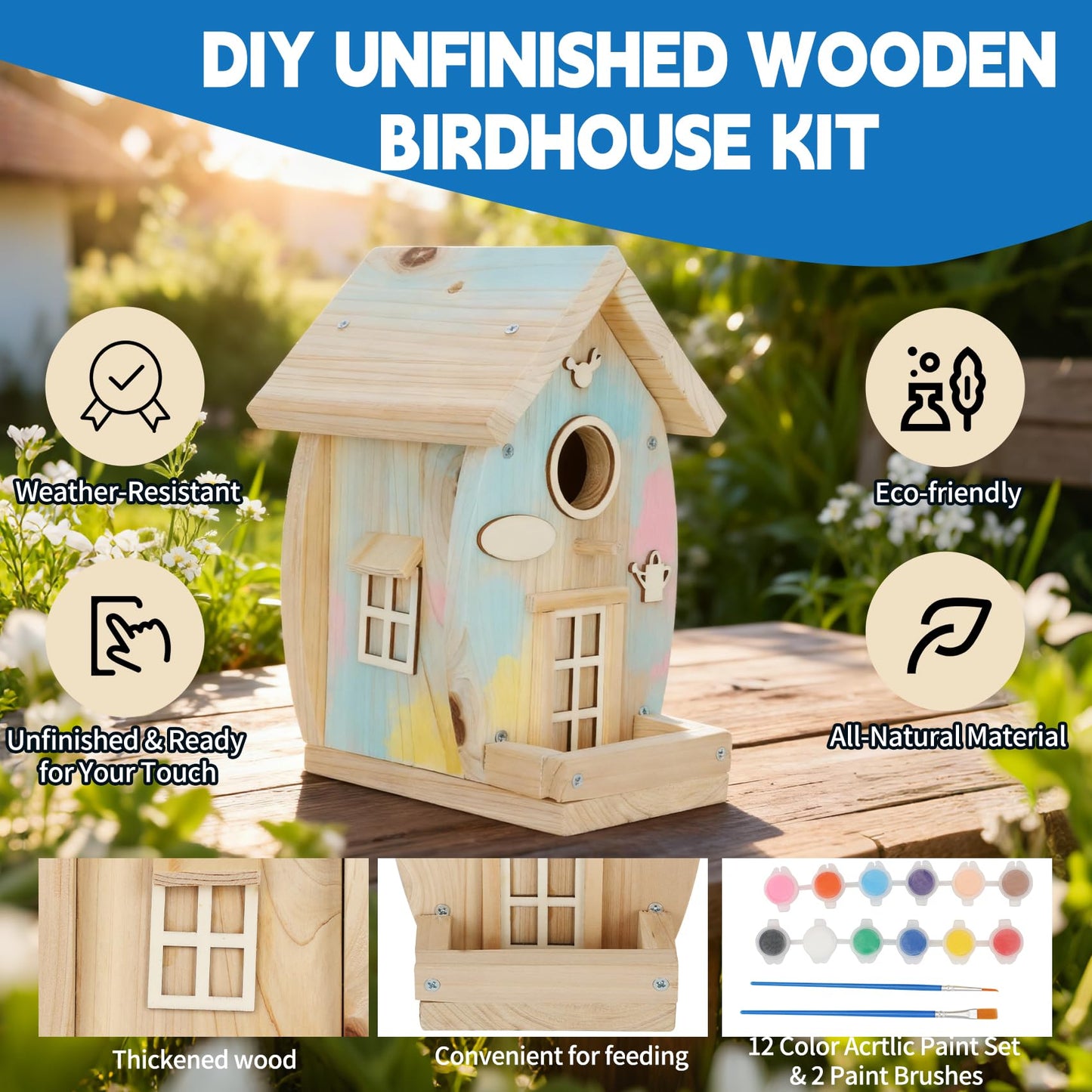 DIY Birdhouse Kit for Adults - Wooden Craft House to Build and Paint, Complete Set with Brushes, Non-Toxic Paint, Sandpaper & Glue, Creative Garden Yard Patio Decor Gift Idea