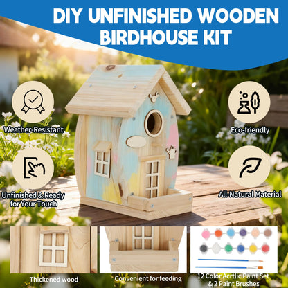 DIY Birdhouse Kit for Adults - Wooden Craft House to Build and Paint, Complete Set with Brushes, Non-Toxic Paint, Sandpaper & Glue, Creative Garden Yard Patio Decor Gift Idea