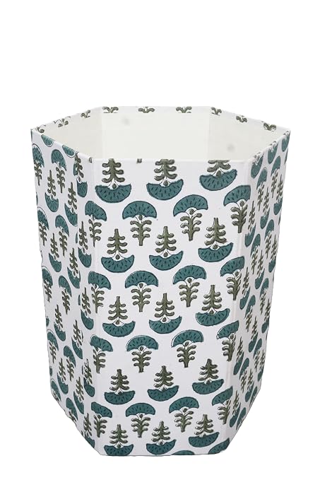 Generic 3.3 Gallon Cotton Hand Block Printed Paper Waste Basket |Small Decorative Trash Can for Housewarming Gifts in Living Room, Bedroom, Bathroom | Eco-Friendly, Plastic-Free (1, GREEN WHITE)