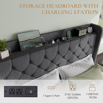 SHA CERLIN Full Size Platform Bed Frame with Charging Station, Linen Wingback Headboard with Storage Shelf, Wooden Slats Support, Ample Under-Bed Space, No Box Spring Needed, Easy Assembly, Dark Grey
