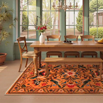Moynesa Bedroom Rug 5x7, Washable Bohemian Scandinavian Orange Area Rugs for Living Room Dining Room Reading Coner, Modern Country Floral Bird Carpet, Fall Home Decor Non-Slip Protection