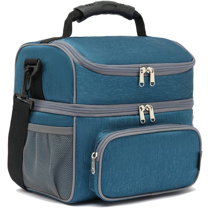 FlowFly Double Layer Cooler Insulated Lunch Bag Adult Lunch Box Large Tote Bag for Men, Women, With Adjustable Strap,Front Pocket and Dual Large Mesh Side Pockets,Lake Blue