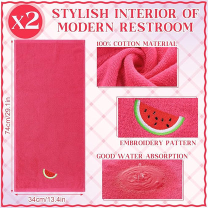 2 Pcs Watermelon Hand Towels Bright Pink Bathroom Decor 14x29 Inch Embroidered