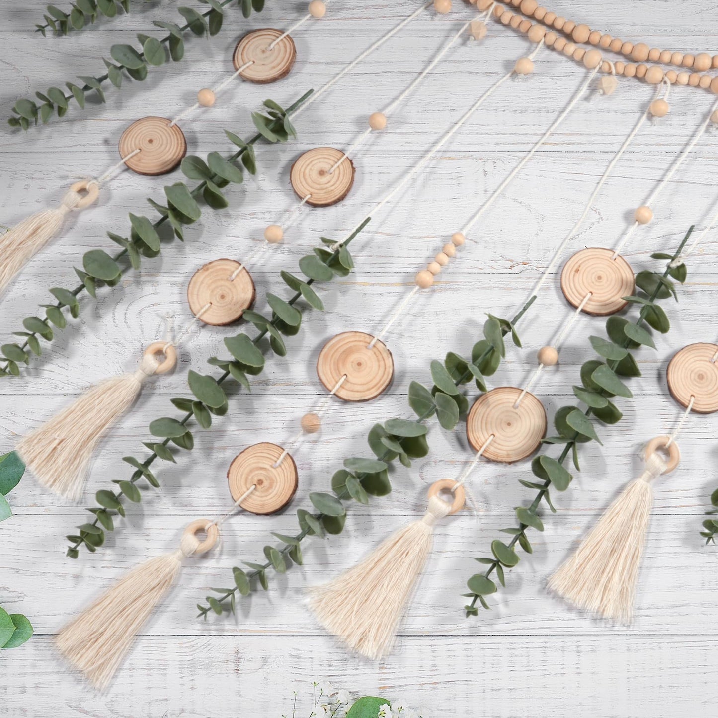 Artificial Hanging Eucalyptus Wall Decor Fake Greenery Leaves Wall Hanging Plants on Long Wooden Beads Garland Wall Art Large Boho Rustic Farmhouse Decor for Bathroom Bedroom Living Room Sage Green