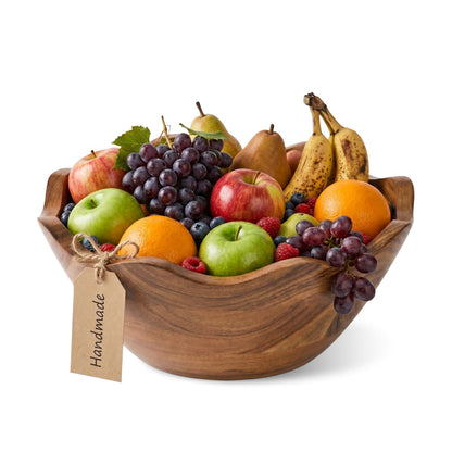 Mela Artisans 10 in Wide x 4 in Tall Scalloped Acacia Wood Salad Bowl – Decorative Serving and Fruit Bowl with Natural Finish for Kitchen Counter, Bread & Home Decor