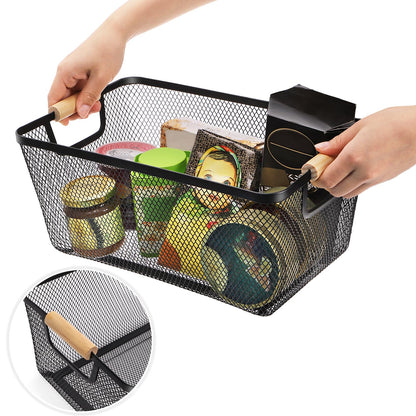 Noamus 3 Pack Metal Mesh Basket with Wooden Handle, Farmhouse Wire Steel Storage Bins, Rectangle Fruit Vegetable Organizer Containers for Home Cabinet Pantry Kitchen Decor, Snack Gift (Black, 3 Size)