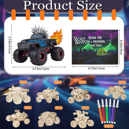 Potchen 24 Pcs Wooden Monster Truck Painting Crafts Kit Thank You for Coming Gifts for Kid Blank Unfinished Wooden DIY Crafts Paint Party Favors