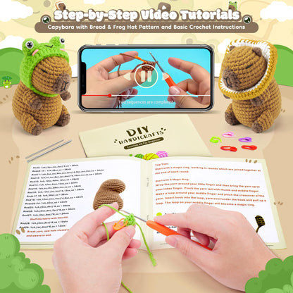 Capybara Crochet Kit for Beginners, 2PCS Capybara with Frog and Bread Hats Crochet Animal Kit with Step-by-Step Video Tutorials, Starters Crocheting Kits for Adult, Animals Knitting Kit for Birthday