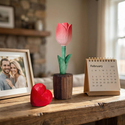 Hand Carved Wooden Tulip Flower with Red Heart Figurine in Gift Box - Everlasting Wood Sculpture for 5th, Valentine’s Day - Painted Faceted Floral Art (Blossom Pink)
