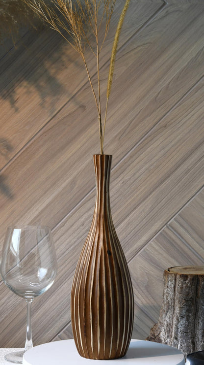 AeraVida Hand-Carved Tall Teardrop Mango Wood Vase with Vertical Stripes | Handmade Eco-Friendly Decor for Dried or Silk Flowers