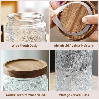24 OZ Airtight Glass Storage Jar with Bamboo Lid - Vintage Glass Jar Vintage Food Containers Canisters Set for Kitchen Counter & Pantry - Ideal for Sugar, Flour, Coffee, Tea, Candy, Oats -4 Pack