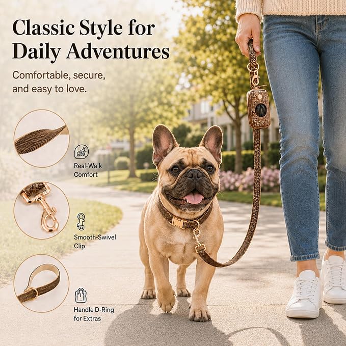 Herringbone Tweed Dog Collar and Leash Set for Medium Dogs, Grey-Brown | Snag-free, no-rub design. Soft breathable cotton, gentle on fur. Adjustable durable matching combo for walks & outdoors.