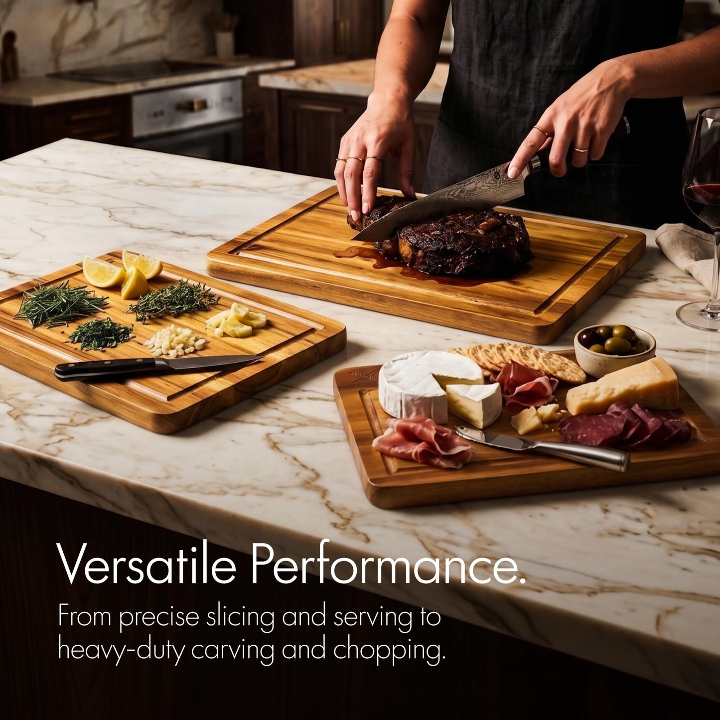 Xushro Acacia Wood Cutting Board Set of 3 with Stand - Thick Wooden Chopping Boards with Deep Juice Grooves - Non-Slip & Durable Wooden Boards for Meat & Vegetables (16x12, 14x10, 12x8) - Natural