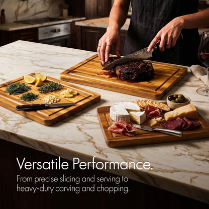 Xushro Acacia Wood Cutting Board Set of 3 with Stand - Thick Wooden Chopping Boards with Deep Juice Grooves - Non-Slip & Durable Wooden Boards for Meat & Vegetables (16x12, 14x10, 12x8) - Natural