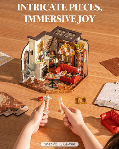 ROBOTIME DIY Miniature House Kit, Mini Dollhouse Kit, Tiny House Kit for Adults, Wooden Furniture Kit with LED, Halloween/Christmas/Birthday Gifts for Family/Friends(Catherine's Living Room)