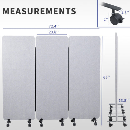VIVO Freestanding 72 x 66 inch Privacy Panel, Mobile Cubicle Divider, x3 24 inch Wall Partitions, Gray, PP-3-T072G-M