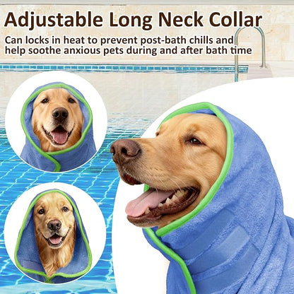Soft Dog Bathrobe Fast Drying Dog Coat, Super Absorbent Dog Towels for After Bath, Microfiber Pet Robe Adjustable Collar & Belly Warm Keeping Dogs Coat for Pet Dogs & Cats (Blue, XX-Large)