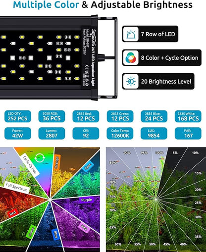 SEAOURA Full Spectrum Aquarium Light, 24/7 Custom Timer, Power-Off Memory, 36-42in 7-Row LED Fish Tank Lights, 8 Colors, 20 Brightness, Day & Night Cycle, Adjustable Mount for Freshwater Plant Growth