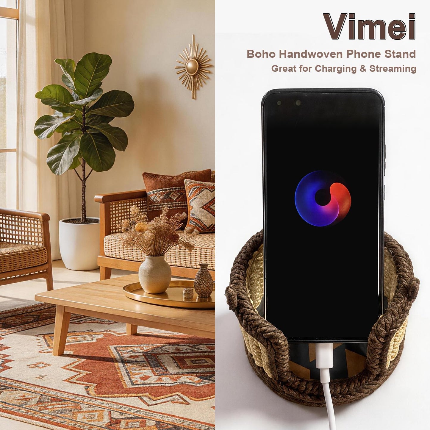 Vimei Handwoven Hemp Rope Phone Stand, Boho Desktop Holder