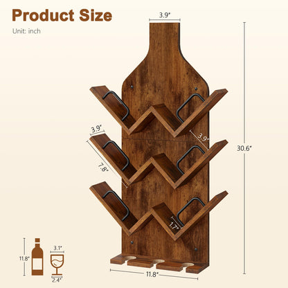 Hoctieon Wine Rack Wall Mounted, 6 Bottles Wood Wine Rack for Display and Storage, Hanging Bottle Holder Bar Shelves for Living Room, Kitchen, Dining Room, Wine Cellar, Rustic Brown