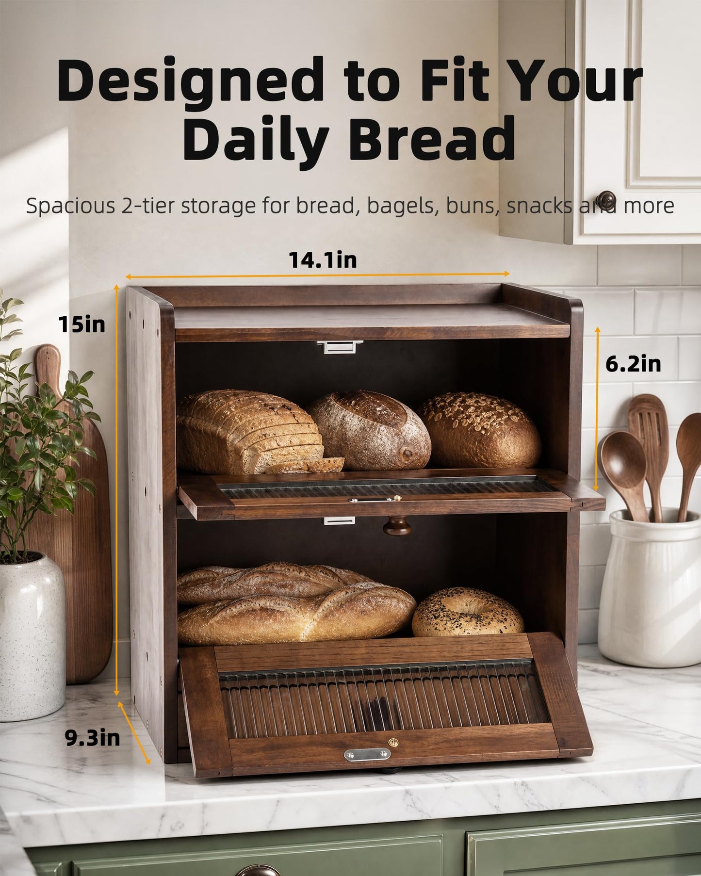 Natapai Wooden Bread Storage Box For Kitchen Countertops, Double-Layered Large-Capacity Bread Box With Acrylic Viewing Window And Cutlery Storage Box-Natual wood color