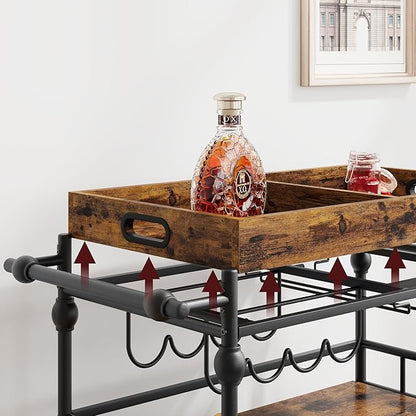 GarveeHome Bar Cart with Wheels, 3-Tier Serving Cart for Home, Mobile Rolling Beverage Cart with Wine Rack and Removable Tray for Kitchen, Dining, Living Room, 35.4" x 15.7" x 34.1", Rustic Brown