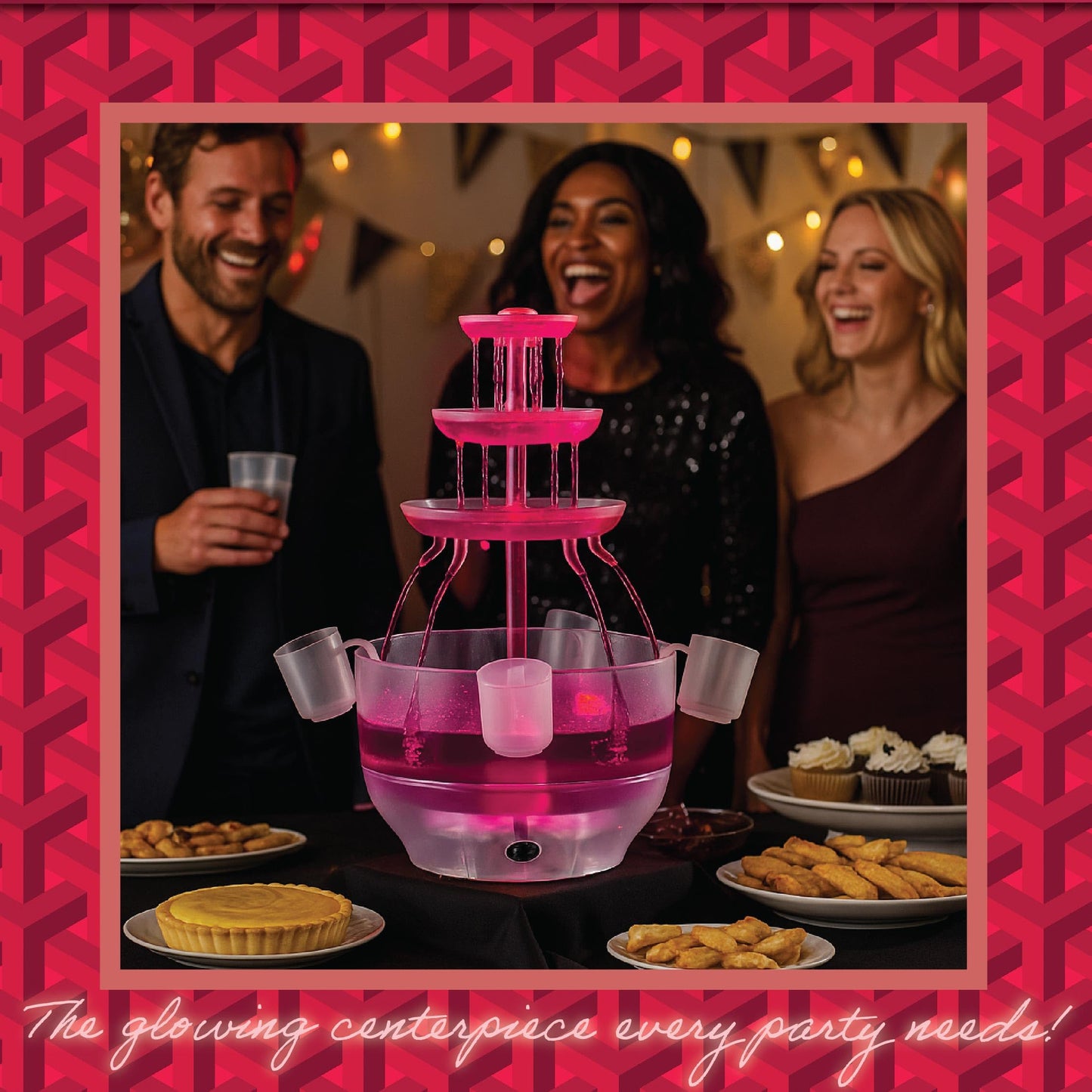 Kusini Drink Fountain for Parties - 1.5 Gal, 3 Tier Punch Bowl Drink Tower, LED Base, 4 Reusable Cups - Drink Dispenser Machine for, Juice, Punch, Pani Puri Fountain for Party Hosting Supplies