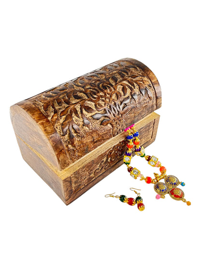S.B.ARTS Premium Handmade Wooden Treasure Chest Decorative Trunk for Keepsakes Semicircular Curved Floral Jewellery Box Trinket Box Ladies Jewellery Storage Case Handcrafted Home Decor (Golden)