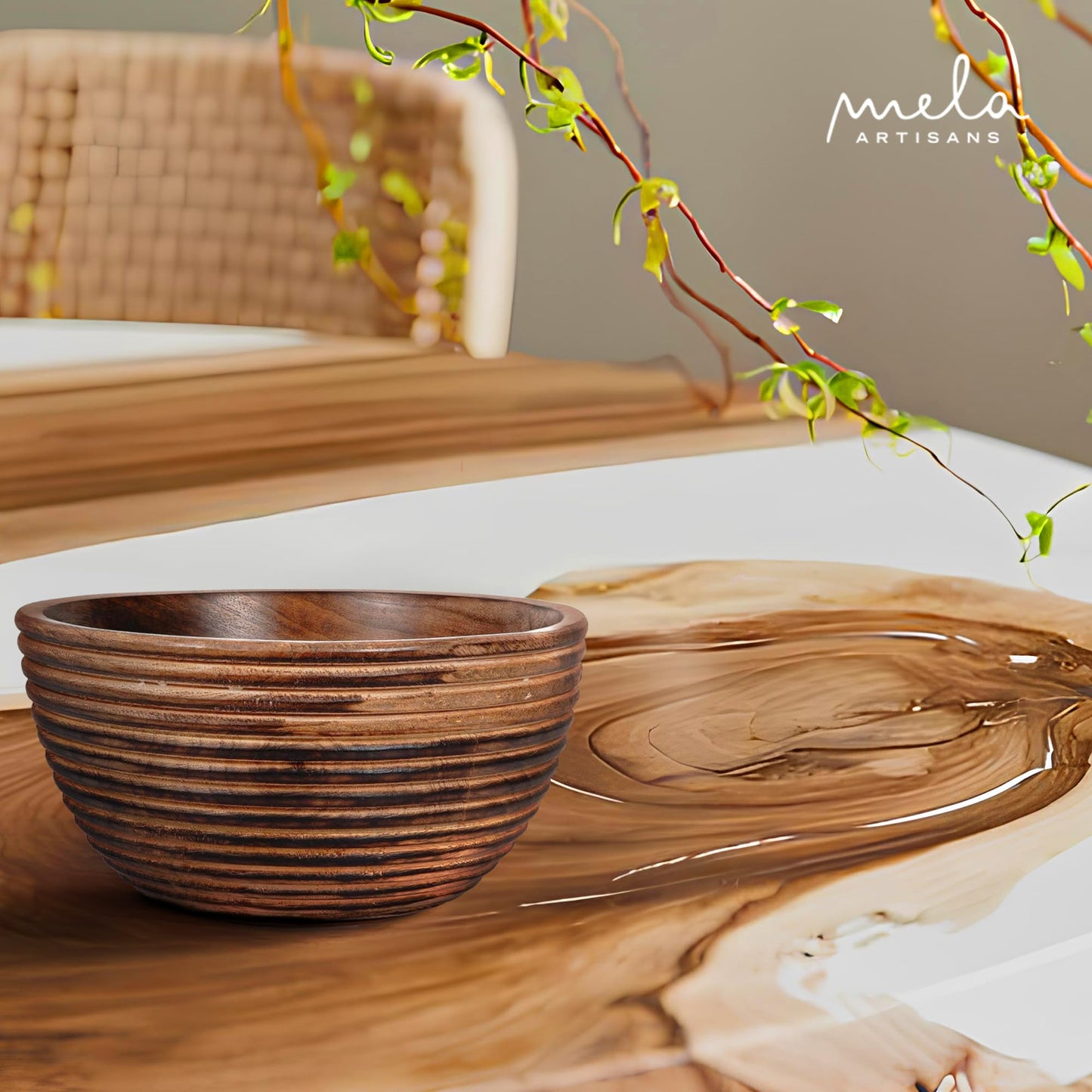 Mela Artisans Wooden Fruit Bowl | Dark Burnt Finish | 9” Decorative Mango Wood Serving Bowl | Multipurpose for Kitchen Countertop | Salad | Snacks | Fruit | Breads & More | Natural Grain Look