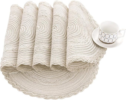 SHACOS 15 inch Round Braided Placemats Set of 12 for Dining Table Woven Boho Place Mats Kitchen Placemat Washable Table Mats, Ivory Bordered