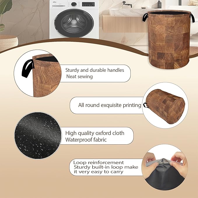 Wood Texture Pattern Laundry Basket, Rustic Farmhouse Clothes Hamper, Oxford