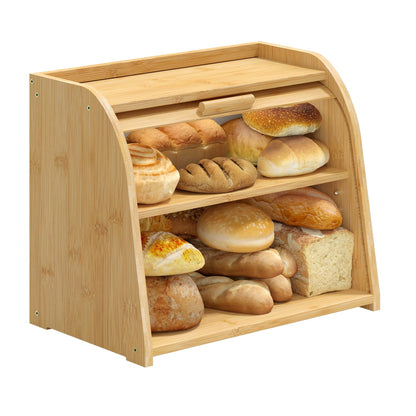 kiplant Bread Box for Kitchen Countertop, Large Bamboo Wood Bread Box, Wooden Corner Bread Storage Capacity