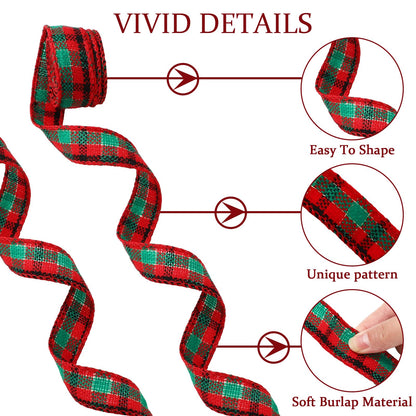 JarThenaAMCS 8 Rolls 40 Yard Christmas Burlap Ribbon Fabric Wired Edge Green Red Brown Plaid Decorative Wrapping Ribbon for Winter Xmas Tree DIY Crafts Bow Wreath Making Supplies, 1 Inch