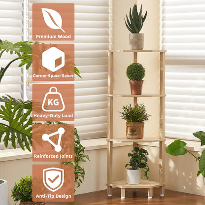 YUFAM 4-Tier Corner Shelf with Sturdy 5-Leg Base, Wooden Corner Bookshelf for Small Spaces, Corner Standing Shelf for Living Room, Bedroom, Bathroom, Natural