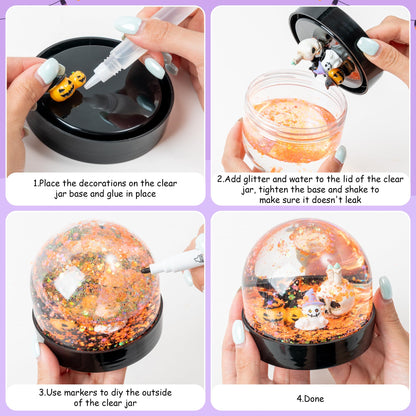 HoniedPepperino Halloween Snow Globe Craft Kit - 8 Set DIY Plastic Snow Globe Craft with Mini Resin Ghost Haunted House, Make Your Own Party Decor with Glitter for Classroom Activity Gifts (Halloween)