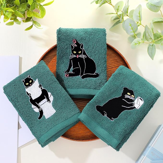 3 Pcs Cat Hand Towels for Bathroom Decor Funny Embroidered Black Cat Halloween