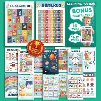 EXCOOL CLUB 16 Spanish Classroom Posters For Elementary - Colorful Bilingual Educational Posters For Toddlers 1-3, Laminated Learning Poster Preschool Must Haves, Abecedario Para Niños En Español