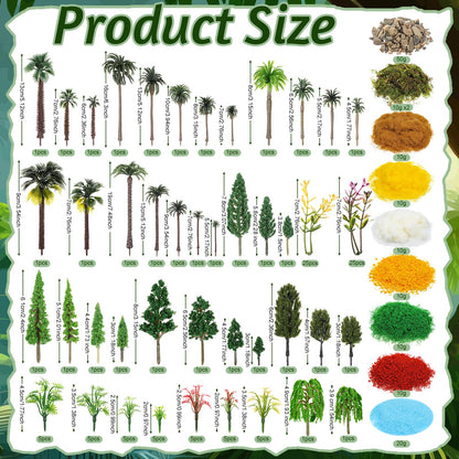 Sureio 130 Pcs Diorama Supplies Kit Include 121 Miniature Trees 1.2-7.48 Inch Mini Mixed Model Plastic Fake Architecture 9 Bags Scenery Basing Material Kit for Model Train Railroad Scenery DIY Craft